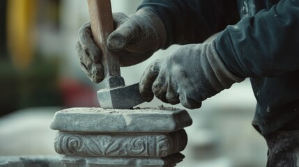 Mason carving decorative stone features for a fountain. Featuring artistry and precision