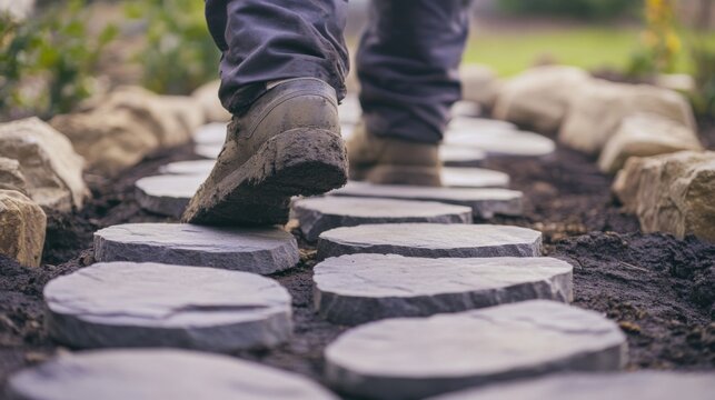 Mason creating a stone pathway in a garden. Featuring artistic skill and design