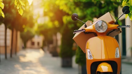 Bright orange scooter with packages on street in sunshine