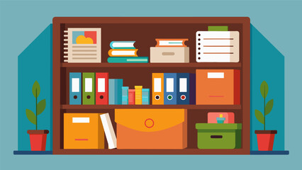 A mini makeshift office complete with labeled folders sticky notes and a planner set up in a cubby hole for maximum productivity.. Vector illustration