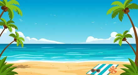 Tropical Beach Scene Sunny Ocean View with Palm Trees