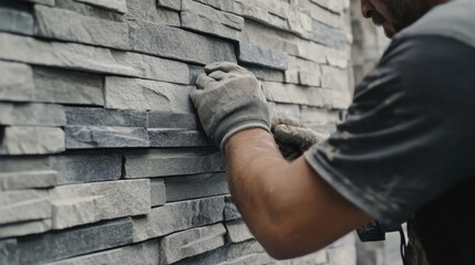 Mason installing stone cladding on a building exterior. Featuring skill and detail