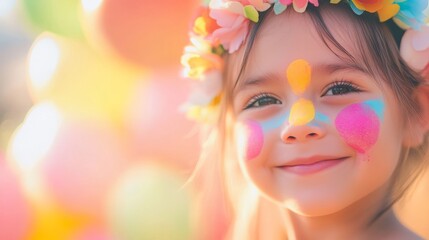 A smiling child in a flower crown with colorful balloons and confetti, celebrating joy and innocence on International Children's Day
