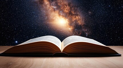 Open book under starry sky filled with galaxy and knowledge concept. An open book against a cosmic galaxy background inspires curiosity.