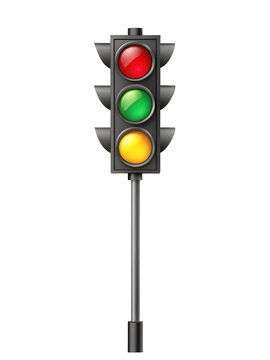 a traffic light pole with three lights red, yellow, and green on a transparent background