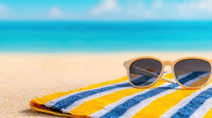 Summer vibes sunglasses on towel with ocean background