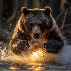 Obraz premium Powerful Brown Bear Leaps Through River Sunlight