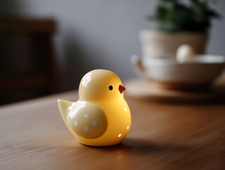 Easter and lamp: Ceramic chick-shaped lamp with warm light, modern Scandinavian Easter decor.