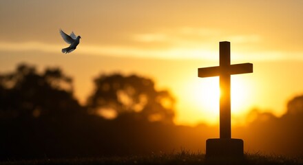 Silhouette of a Cross and a Dove at Sunset, Religious Symbolism and Hope Concept