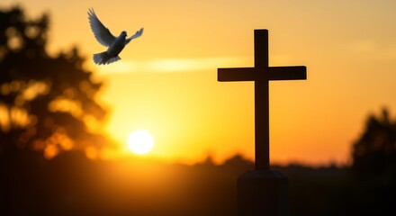 Silhouette of a Cross at Sunset with a Dove in Flight, Peaceful Religious Symbolism