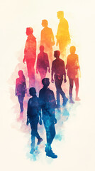 Fototapeta premium Diverse Group of People Walking Towards a Bright Future Colorful Watercolor Silhouette Illustration