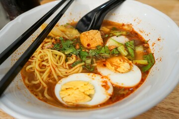noodles with pork and egg, korean food style
