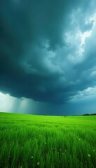 Obraz premium Dark clouds loom over vibrant green field, impending storm , field, grassland