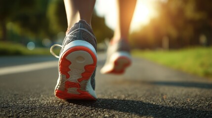 Rhythm of the Run: Capture the motion of running on asphalt path with close-up shot of sneakers in action. The photo reveals the powerful strides of an athlete propelling forward in a burst of energy.