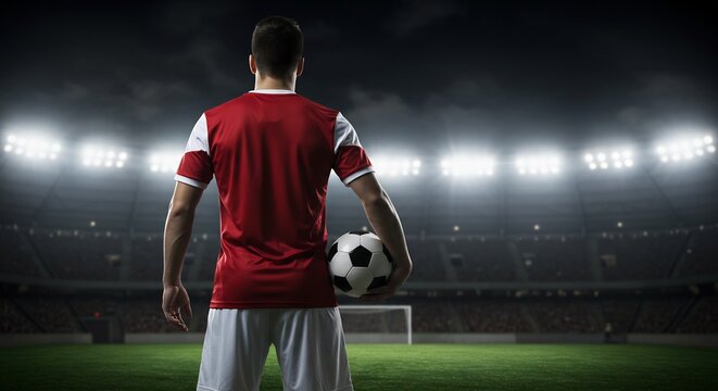 Fototapeta Back view of a soccer player standing on a soccer field holding a ball in a stadium at night