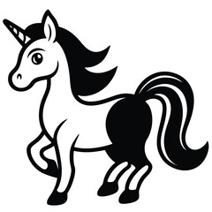 Fototapeta premium Unicorn Isolated on White, Cartoon Horse Outline with Horn, Mane and Tail Black and White