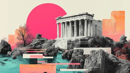Greek temple collage with rocky island and geometric accents