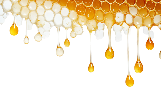  Honeycomb beeswax with honey dripping drip Isolated on white and transparent background