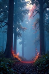 Mystical forest with glowing ethereal trees and misty fog, holographic, glowing