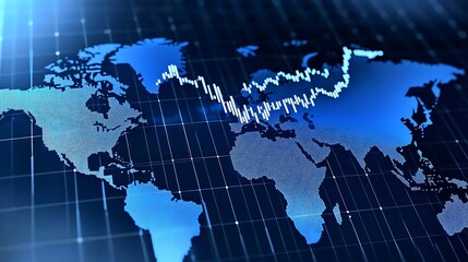 Naklejka premium A digital representation of a world map with blue tones and a grid background, symbolizing global data and connectivity.