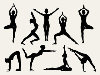 Yoga poses silhouettes vector illustration for fitness wellness and healthy lifestyle design element set of asanas