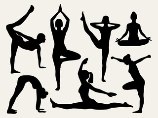 Yoga poses silhouettes vector illustration for fitness and wellness training and exercise class design needs