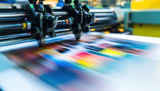 High-Speed Offset Printing Press in Action: Vibrant Colors and Motion Blur