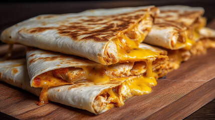 Chicken quesadilla sliced with melted cheese stretch