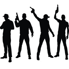 Armed Gangsters Silhouette Holding Gun on Isolated Background