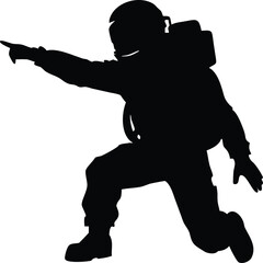 Astronaut Silhouette Pointing Leaping with Space Suit on Transparent Background