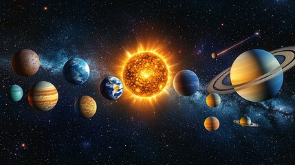 A vibrant depiction of the solar system, showcasing the sun and its planets in a cosmic expanse