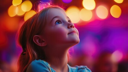 Naklejka premium Little Girl Wondering at Night Lights