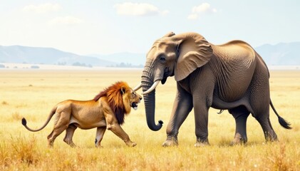 Fototapeta premium Watercolor painting of a lion and elephant playing together in the African grasslands, watercolor, elephant