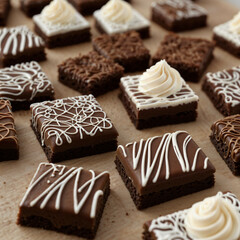 An assortment of freshly baked brownies some with white icing some with brown