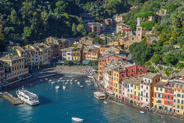 The village of Portofino is located in the Metropolitan City of Genoa on the Italian Riviera, Italy