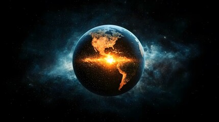 Obraz premium The image shows a stylized depiction of Earth from space, with city lights prominently displayed, particularly in North and South America. A bright, fiery energy seems to emanate from the center of