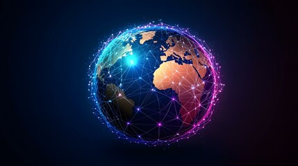 Fototapeta premium The image shows a stylized representation of the Earth, rendered as a network of interconnected nodes and lines, glowing with vibrant blue and pink hues against a dark blue background.