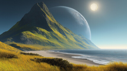 Huge planet rising over scenic ocean coast with golden meadow and mountain
