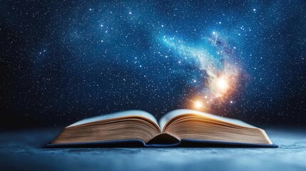 Open book under starry sky merging imagination and learning concept. An open book revealing a cosmic universe filled with stars.