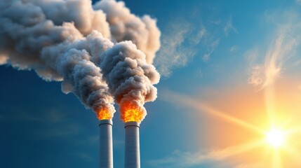 Obraz premium Dramatic image of thick dark smoke billowing from tall industrial chimneys highlighting the environmental pollution and global climate crisis caused by fossil fuel based energy production