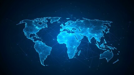 Naklejka premium The image contains a glowing blue, wireframe representation of the world map, with interconnected nodes suggesting global networks and connections.A medium description sentence: A digital world map