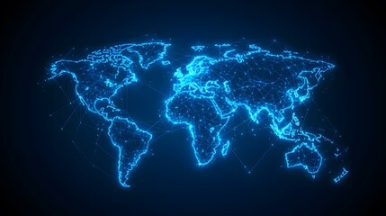 The image contains a glowing blue, digital representation of a world map, formed from interconnected nodes and lines, resembling a network or constellation.