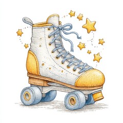 Whimsical Watercolor Roller Skate with Golden Stars