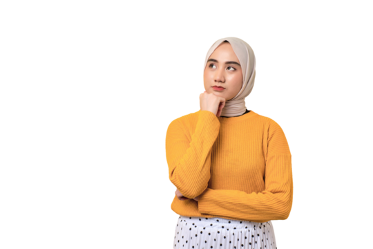 Beautiful pensive Asian girl wearing hijab looking aside at empty space, touching chin, thinking about offer isolated on transparent background