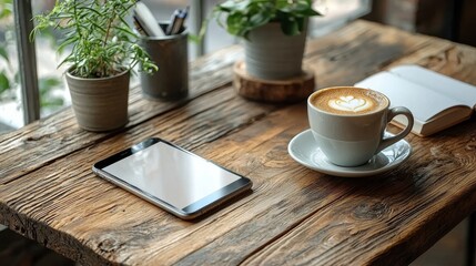 Cozy and inviting workspace with a cup of coffee laptop and potted plants on a rustic wooden table  Minimalist and modern home office or freelance setup with technology and natural elements