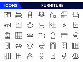 Vector line icon collection for furniture showcasing chairs, tables, sofas, and storage solutions. Ideal for home decor and interior design themes.
