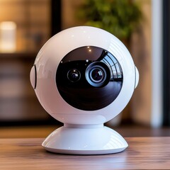Close-Up View of Sleek White Spherical Security Camera with Dual Lenses on Wooden Surface in Blurred Home Interior Background for Safety Monito