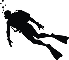 Diver in Black Silhouette with Fins, Bubbles and Gear on Transparent Background