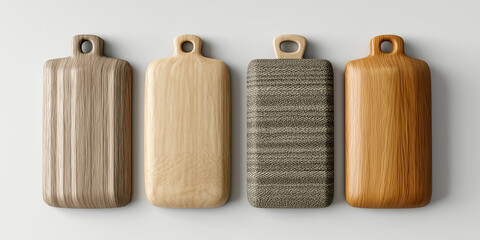 Four empty cutting boards hanging on white wall, kitchen utensils displayed for culinary inspiration