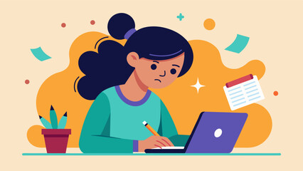 Fototapeta premium A girl scribbles frantically in her notebook jotting down notes and ideas as she works through her coding assignment.. Vector illustration